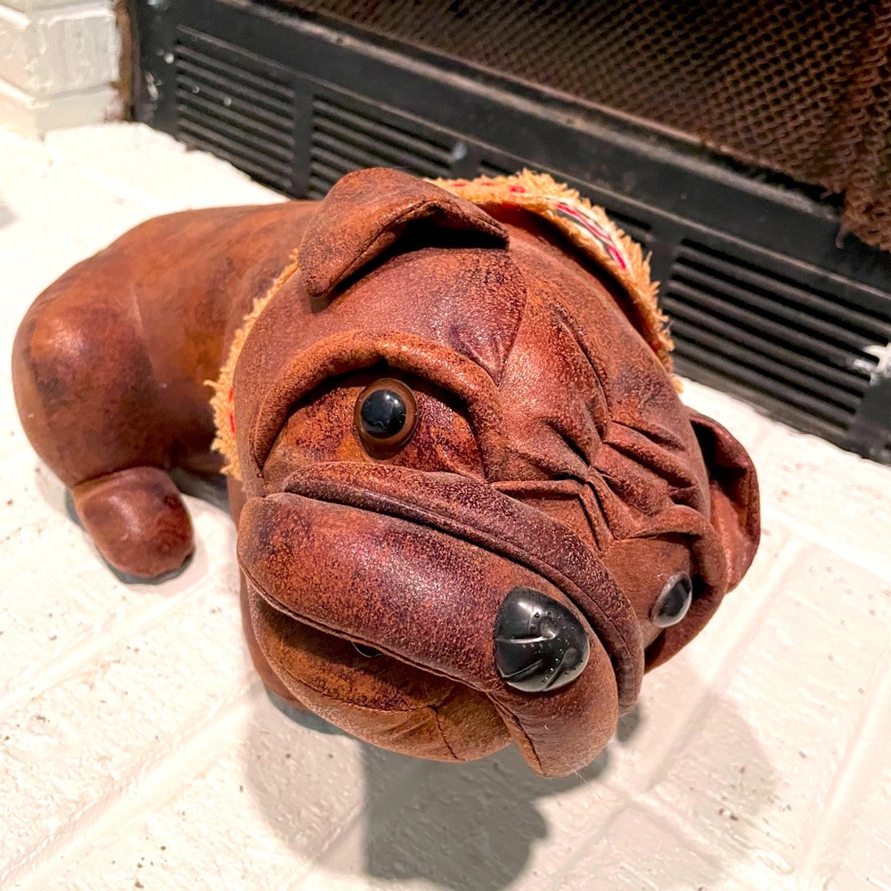Brown pleather stuffed Georgia bulldog with Georgia collar.